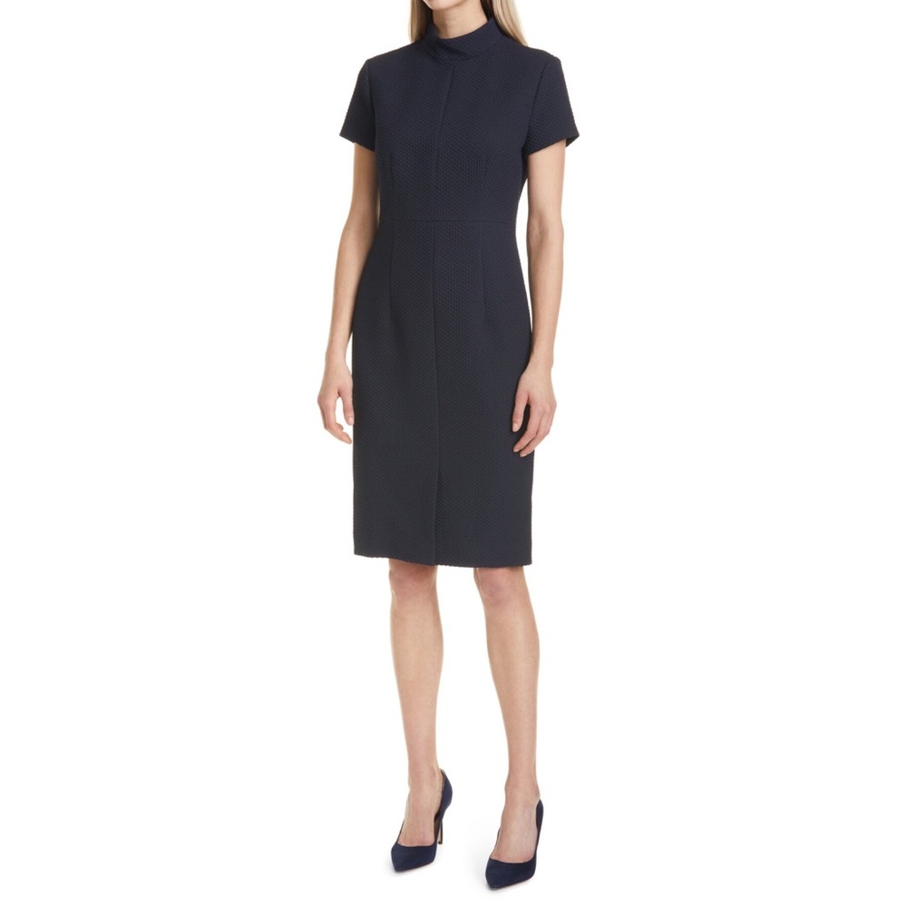 NWT Hugo Boss Davika Mock Neck Textured Sheath Dress in Blue